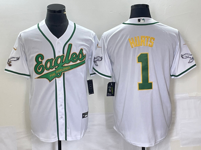 Men's White Philadelphia Eagles #1 Jalen Hurts Gold Cool Base Stitched Baseball Jersey